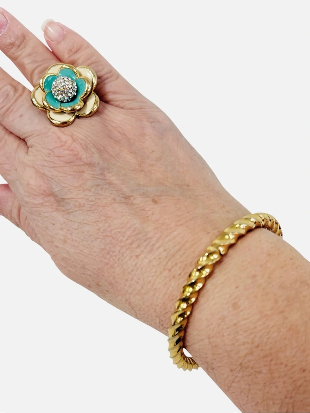 Jewelry Set-2 Turquoise Flower Adjustable Ring Gold Tone Twist Bangle Bracelet